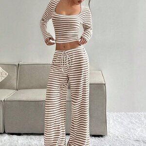 Casual Women's Striped Minimalist Long Sleeve Top & Tie Front pants set